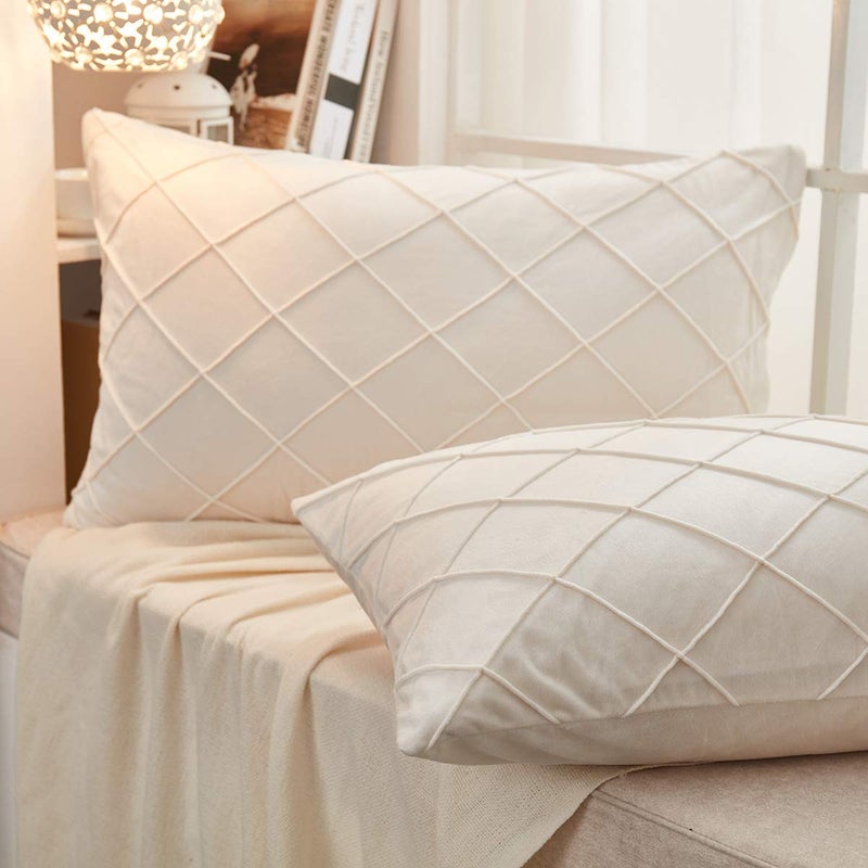 JAUXIO Diamond Pinch Pleated Crystal Velvet Pillowcases 2 Pack Solid Pintuck Throw Cushion Cover for Home Decor Hidden Zipper Closure (Cream, Standard) - Image 3